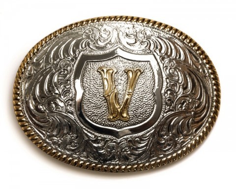 Crumrine Silversmiths silver and bronze plated V initial buckle for cowboy belts