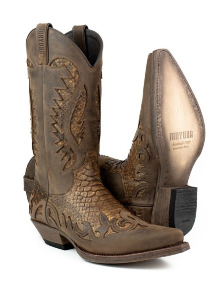 Comprar Botas cowboy cuero marrón café engrasado con piel serpiente ...