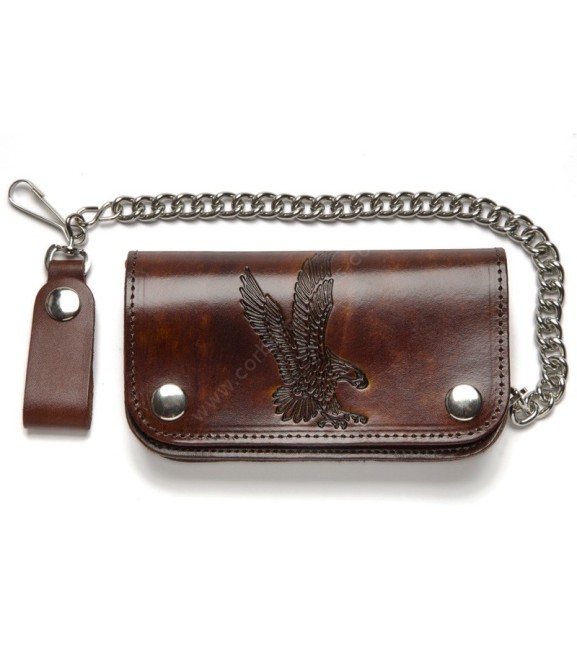 Buy Medium size vintage brown leather chain wallet with tooled eagle