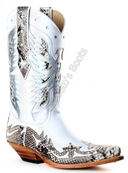Cuervo Pitón blanco negro-garduña blanca | Bota cowboy Sendra para mujer combinación piel vacuno blanca y serpiente - Corbeto's Boots