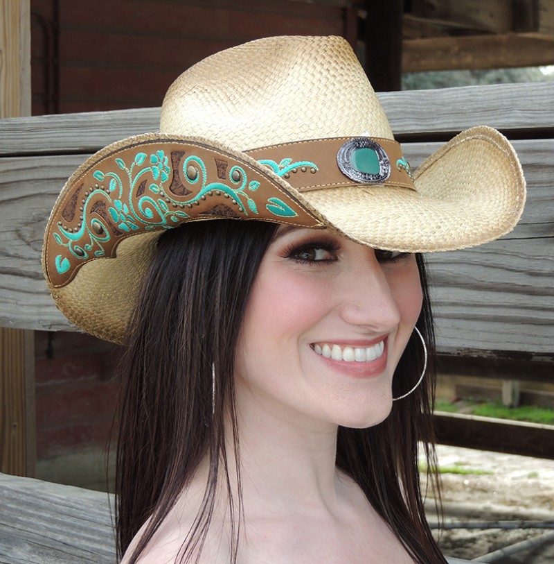 | Sombrero country para mujer paja natural con bordados y piedra verde - Boots