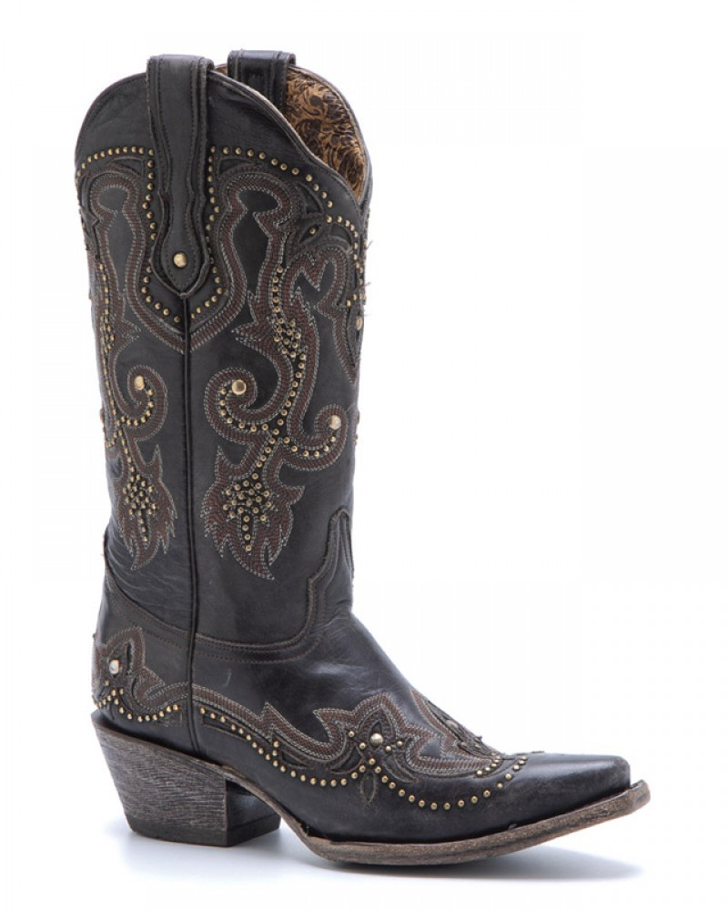 G-1441 Brown Embroidery Soft leather dark Corral women boots with vintage gold studs - Corbeto's