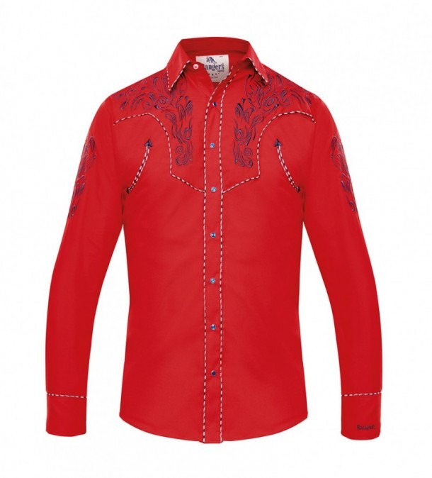 Mens red Mexican western shirt with blue charro style embroideries