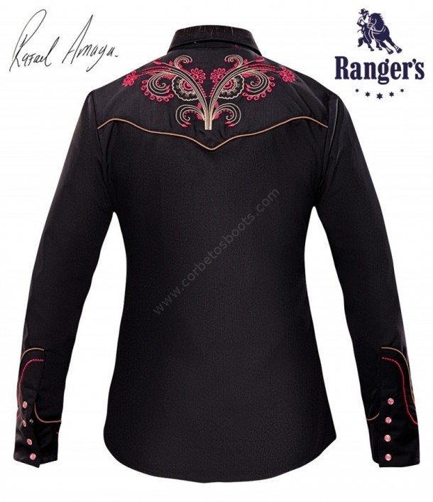 Ladies Rafael Amaya western black shirt with fuchsia flower embroidery