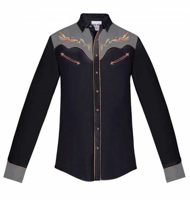 Rafael Amaya collection embroidered navy blue shirt with grey yoke