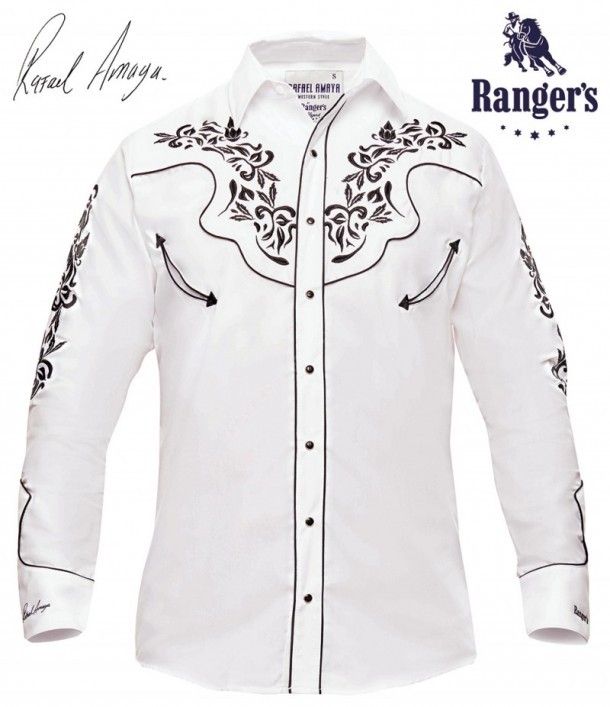 Camisa cowboy blanca Rafael Amaya para hombre con flores bordadas negras