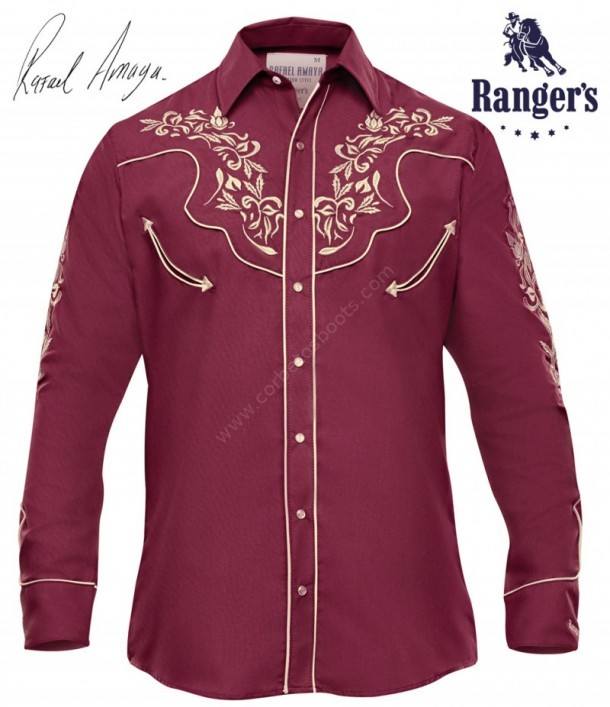 Mens Rafael Amaya western style burgundy shirt with golden flower stitching