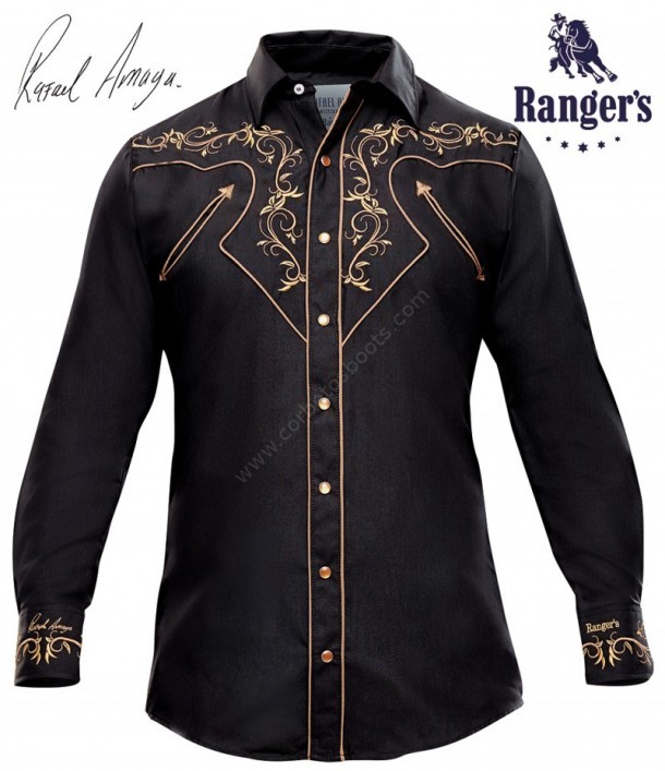 Mens Rafael Amaya Mexican western black shirt with floral embroidery in cuffs