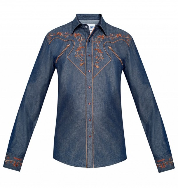 Camisa western para hombre tela denim azul con bordado marrón