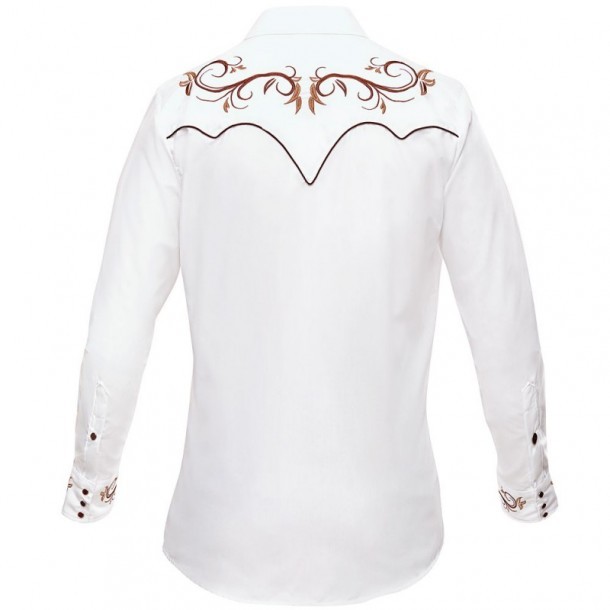 Mens Mexican white shirt with cowboy floral brown embroidery