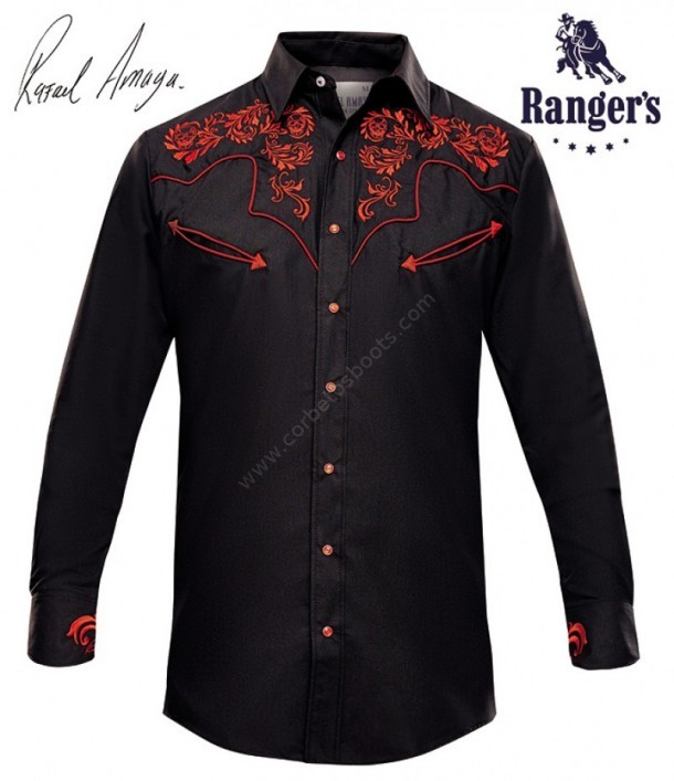 Red embroidered skulls Rafael Amaya mens western shirt
