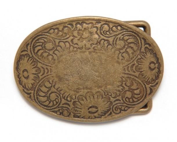Small size dark golden metal oval cowboy belt buckle with floral scroll engraving