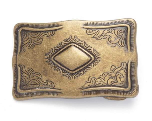 Antique gold look cowboy rectangular belt buckle with central diamond