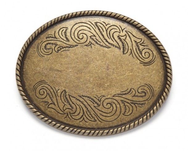 Hebilla ovalada metal dorado envejecido con grabado afiligranado