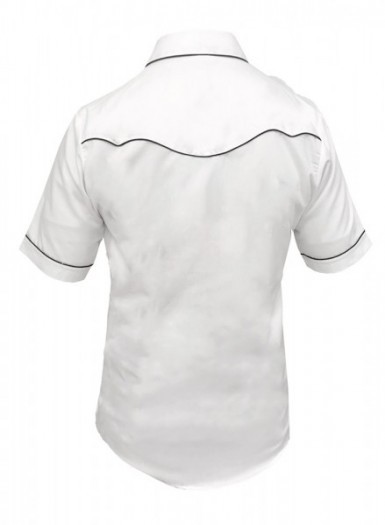 Country style short sleeve white mens shirt with black piping