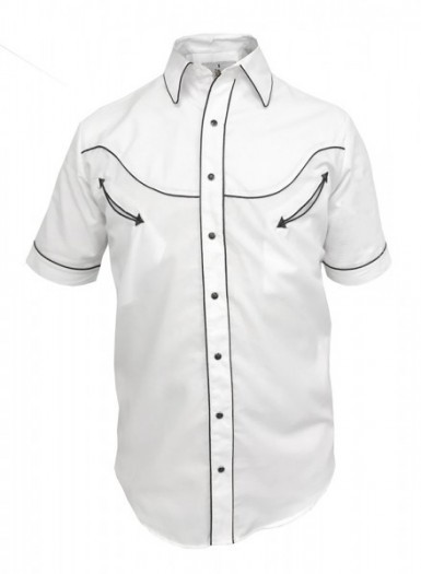 Country style short sleeve white mens shirt with black piping