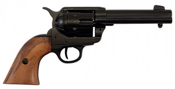 Colt Peacemaker 45 caliber handgun with black cannon