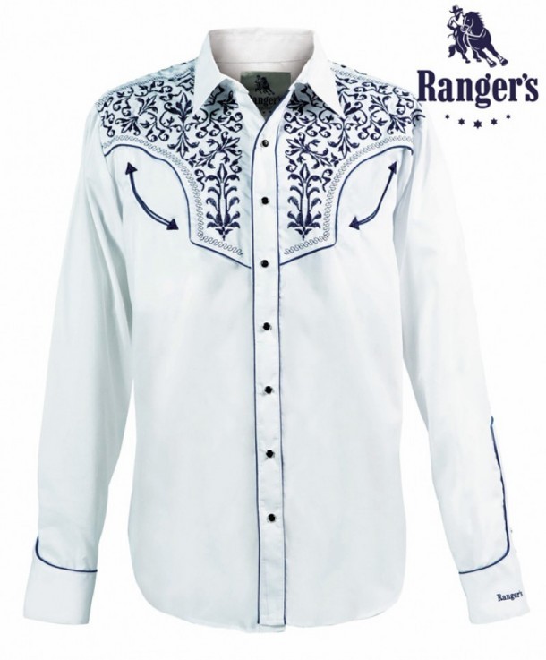 130CA01 Blanco | Camisa blanca western hombre con bordado charro color azul marino - Corbeto's Boots