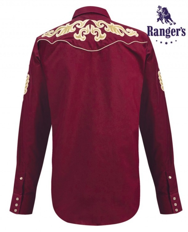 Burgundy male western fashion shirt with embroidered sleeves