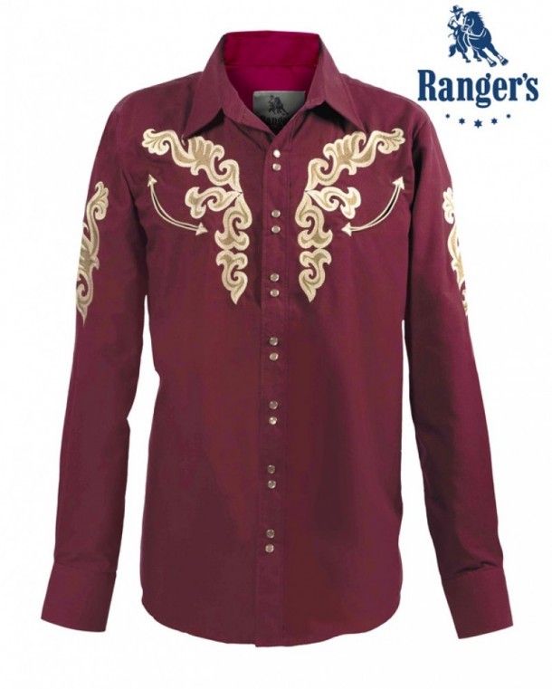 Burgundy male western fashion shirt with embroidered sleeves