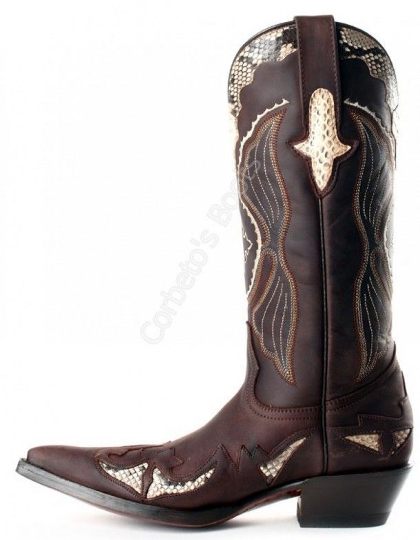 137 Riporto Cafe-Piton Natural | Go West ladies fine toe brown leather and snake skin cowboy boots