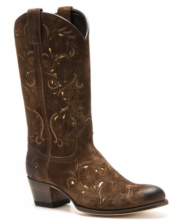 Brown suede rounded toe Sendra western ladies boots with flower design