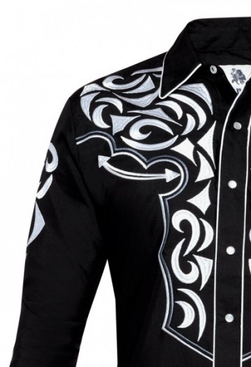 Camisa western negra para hombre con bordado blanco tribal estilo azteca