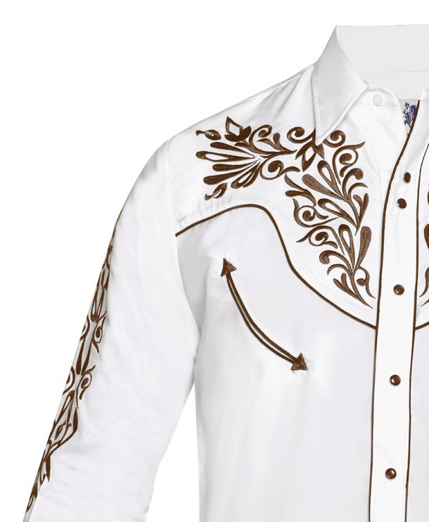 Camisa cowboy blanca para hombre con bordado mexicano en pecho y mangas