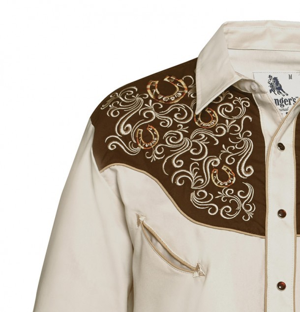 Camisa western vintage para hombre color beige con bordado mexicano y herraduras