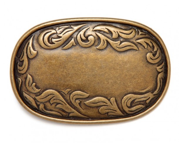 Hebilla clásica cowboy alargada metal dorado envejecido con grabado en relieve