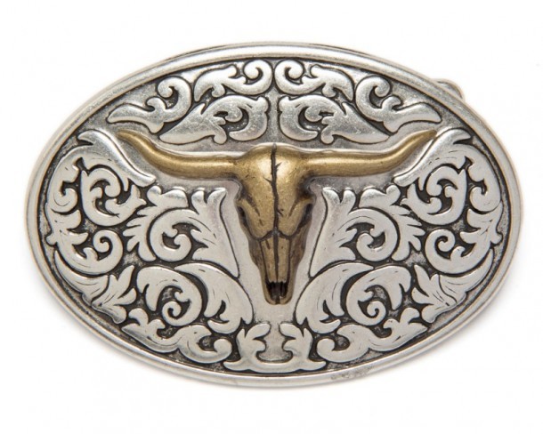 Country style oval belt buckle with antique golden longhorn skull