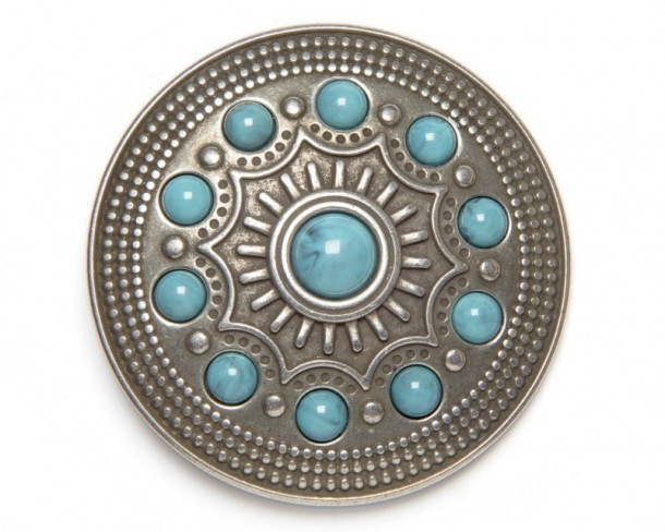 Hebilla redonda plata vieja motivos nativo americanos con esferas color turquesa