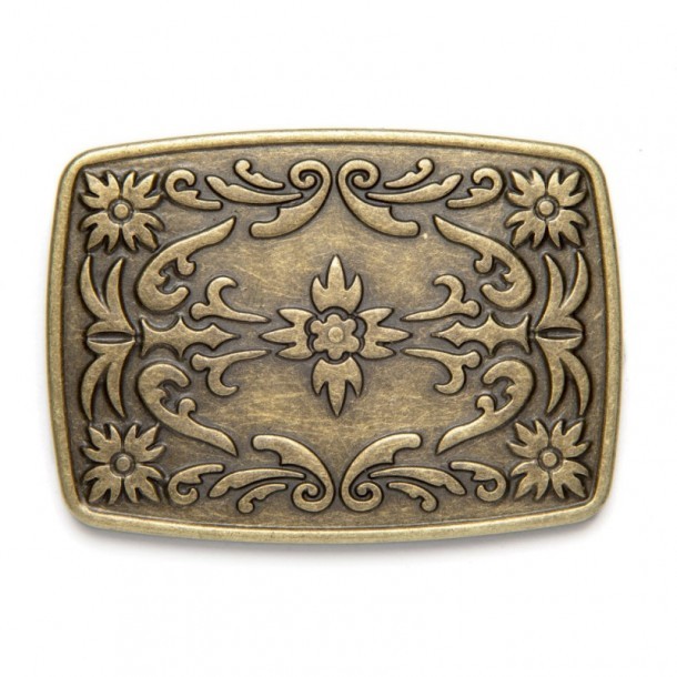 Vintage golden metal square western belt buckle with floral mosaics