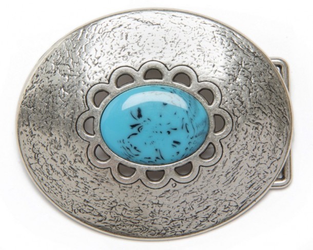 Distressed relief oval belt buckle with central turquoise enamel
