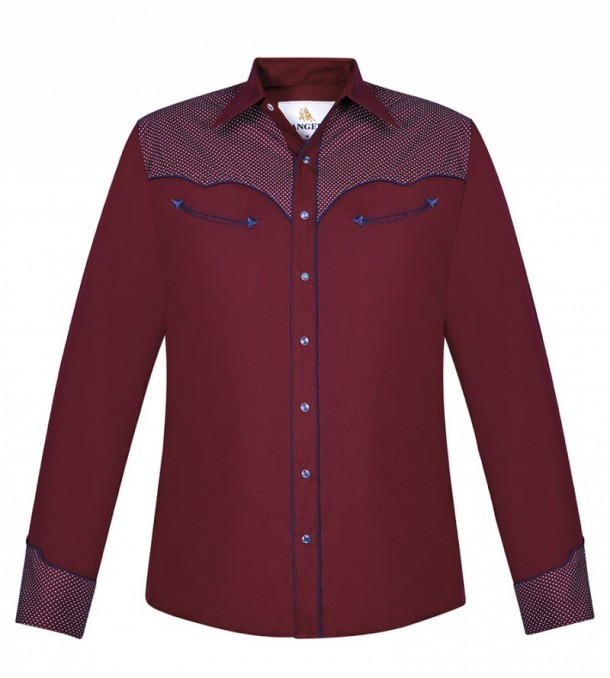Mens burgundy rocker style Mexican shirt with bump looking effect dots