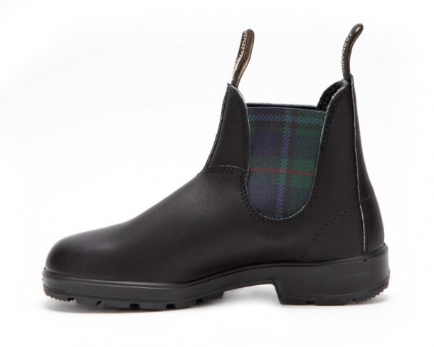Women black leather Blundstone boots with decorative green elastic and Scottish checks
