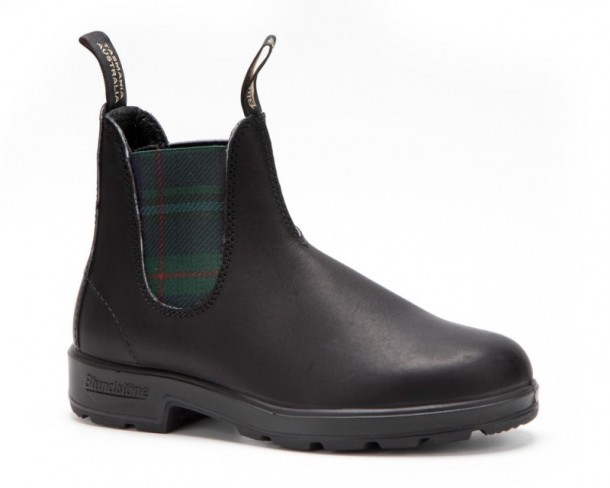 Women black leather Blundstone boots with decorative green elastic and Scottish checks