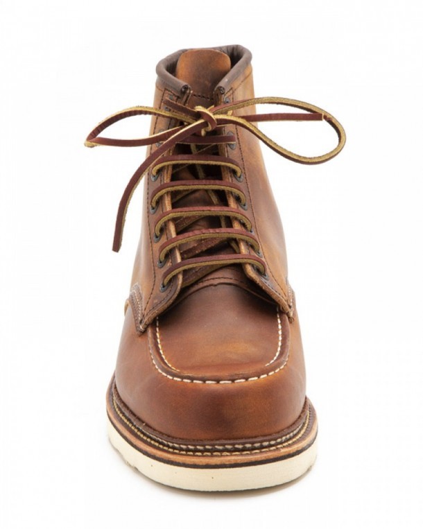 Tanned rustic brown leather Red Wing work boots with comfort footbed