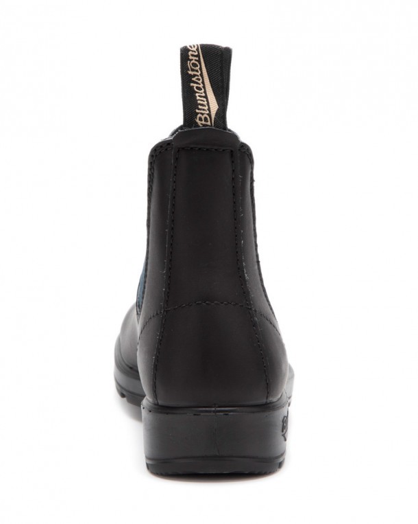 Blundstone black leather Australian boots with navy blue elastics