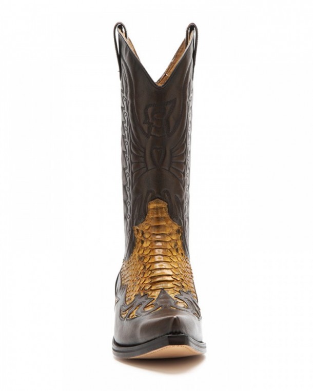 Mexican toe mens dark brown leather Mayura cowboy boots with yellow python skin
