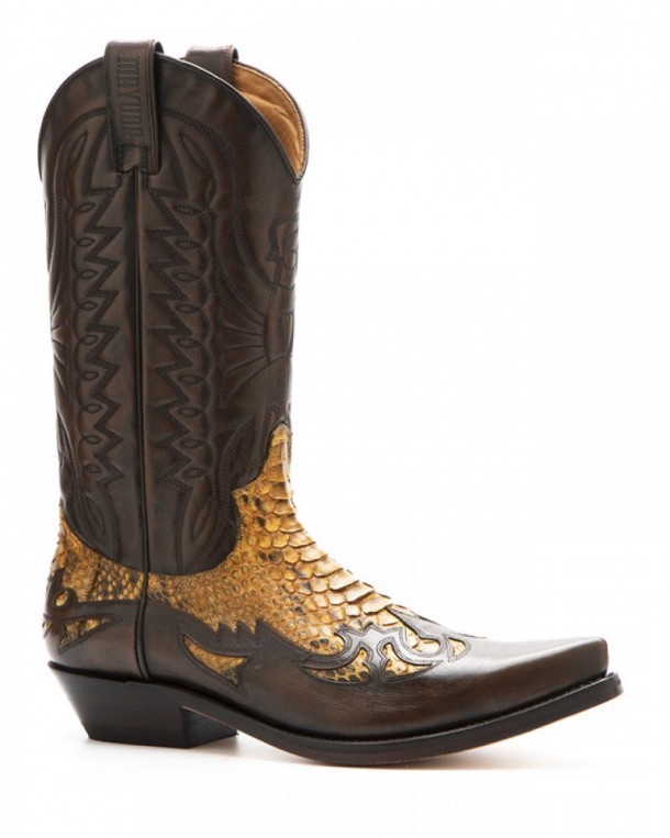 Mexican toe mens dark brown leather Mayura cowboy boots with yellow python skin