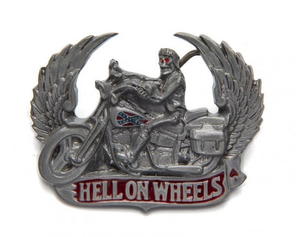 Hell skull biker in a Confederate motorcycle belt buckle