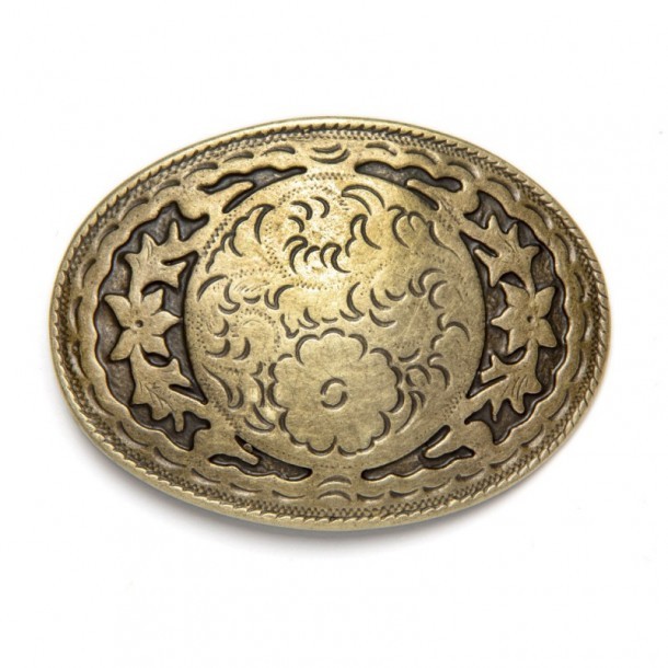 Cowboy style small golden belt buckle with flower engraving and black background