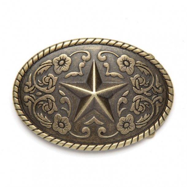 Antique brass look western style belt buckle with Texan star and floral scrolls