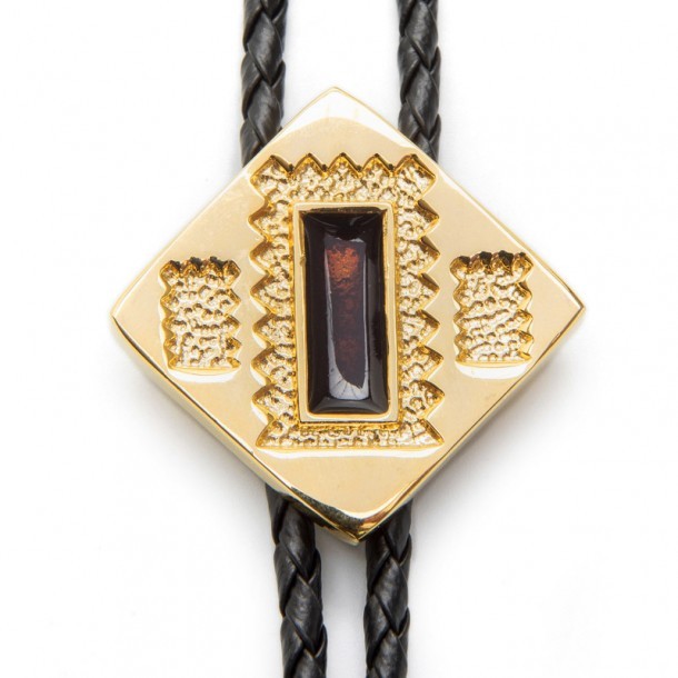 Navajo mosaic golden bolo tie with amber stone