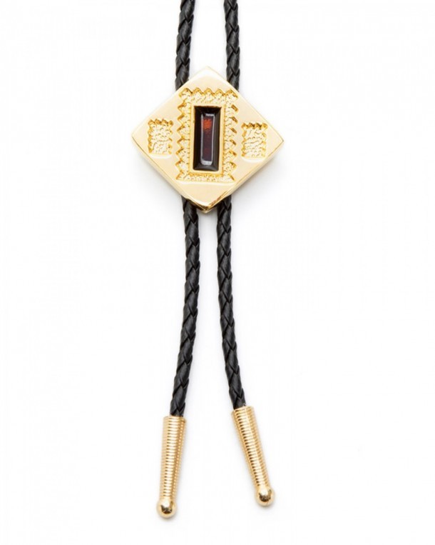 Navajo mosaic golden bolo tie with amber stone
