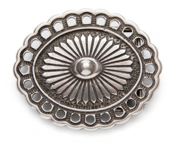 Western concho shaped belt buckle with punched edge