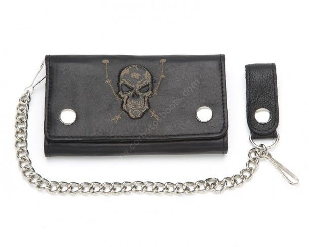 51-2371 Black | Black leather biker style chain wallet with embossed skull