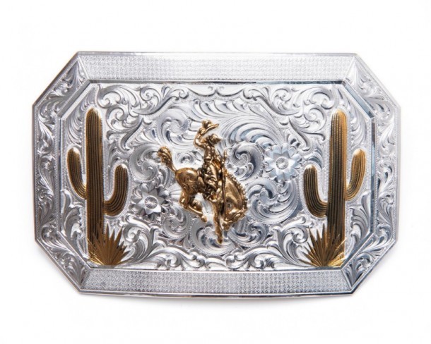 Montana Silversmiths gold plated cowboy bucking horse and cacti belt buckle