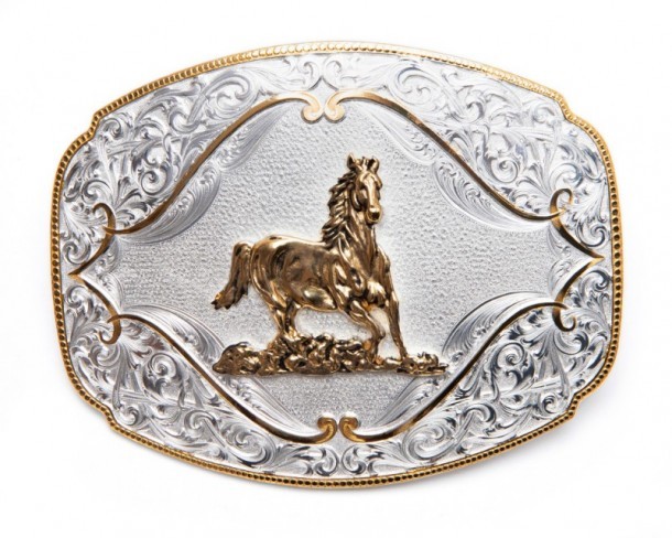 Electroplated gold and silver galloping horse belt buckle with golden edge